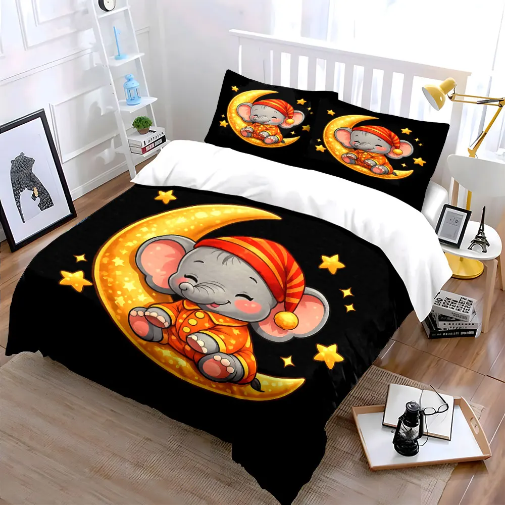 Adorable Elephant on Crescent Moon Printed Duvet Cover Set1 Duvet Cover+2 PillowcaseMulti Size Bedroom Bedding Decor