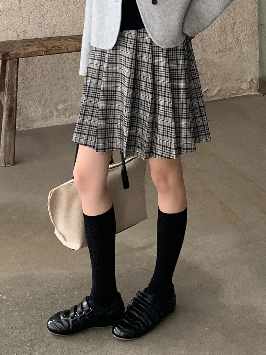Jupe plissée rétro à carreaux, jupe mi-longue à taille semi-élastique, jupe courte de tempérament pour femmes, jupe moelleuse, jupe de princesse