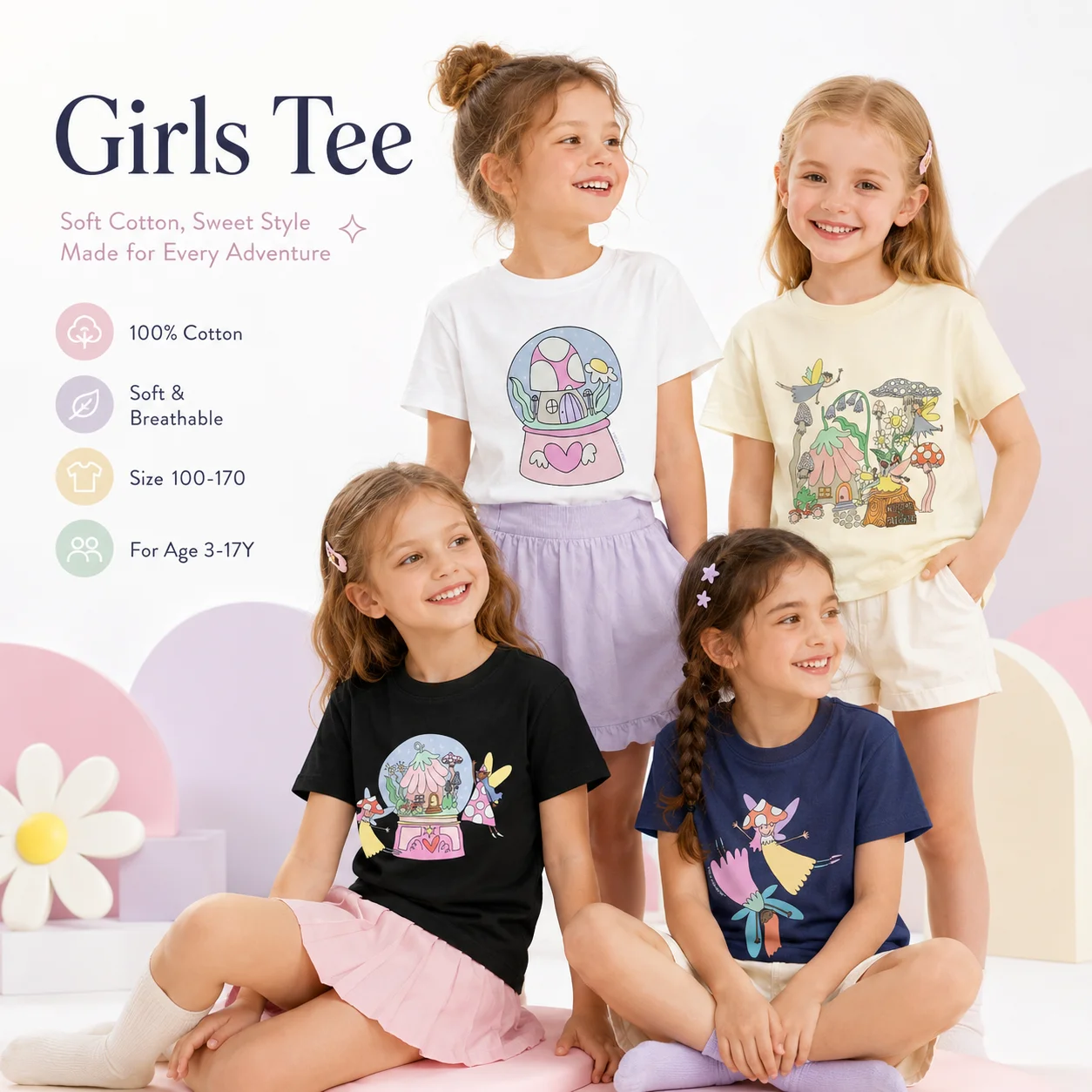 fashion Kids Summer Clothes Cute Fairy Castle Tees %100cotton botanical print Child short sleeves Fun floral print Girls T-shirt