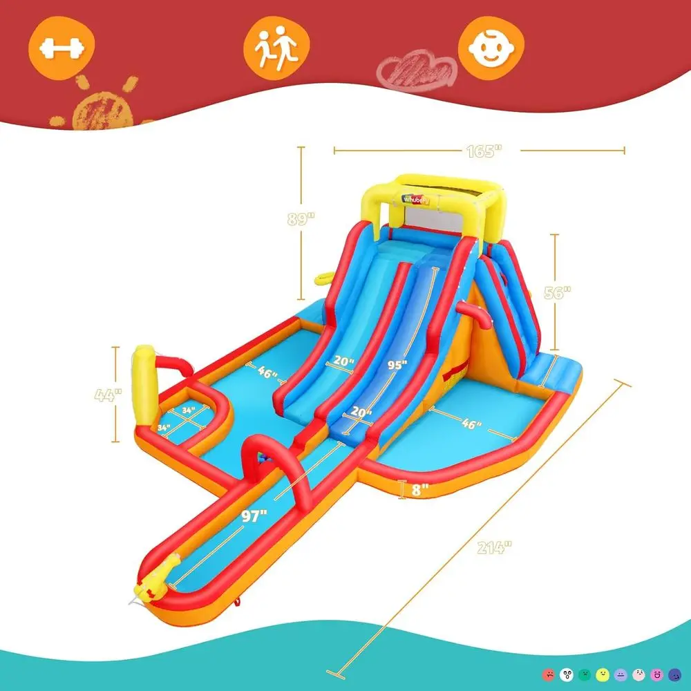 Mega Park z dmuchanymi zjeżdżalniami wodnymi, Duży dmuchany zamek dla dzieci w wieku 5-12 lat, Zjeżdżalnia wodna z ścianą wspinaczkową, Dwa bardzo długie zjeżdżalnie i basen z fontannami