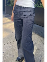 Vintage Low Waist Pocket Cargo Pants Women Solid Elastic Waist Drawstring Straight Pants America Streetwear Casual Trousers Y2k