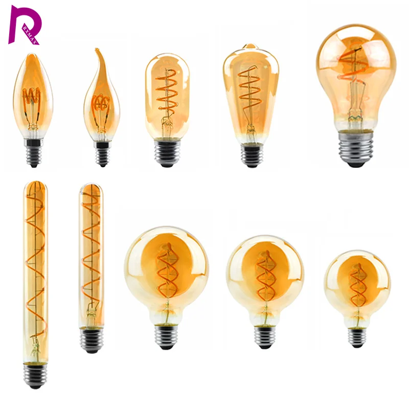 Żarówka Edison E27 E14 220V Retro Vintage Edison Lamp C35 ST64 G80 G95 G125 T225 Spiralna żarówka do dekoracji wnętrz Żarówka żarówkowa