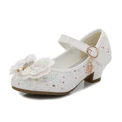 New Kids Leather Shoes Fashion Glitter Butterfly Knot Girls High Heels Children Party Dance Shoes Student Girls Shoes Size 26-38