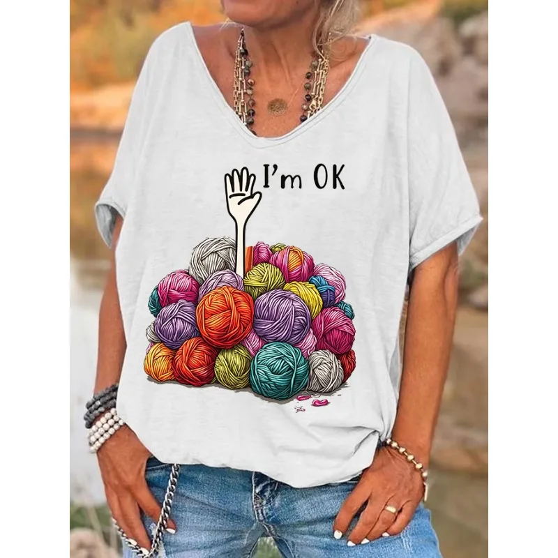 ilstile Women's Mental Health Print T-Shirts Summer Short Sleeve T Shirt Casual Loose V Neck Tops Tees White Blue NEW