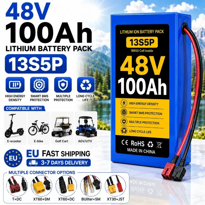 Batteria al litio 48V 100Ah 13S5P 18650 con sistema BMS intelligente integrato, ad alta densità, ricaricabile, per sistemi di accumulo di energia. Spedizione rapida dall'UE per macchinari elettrici da