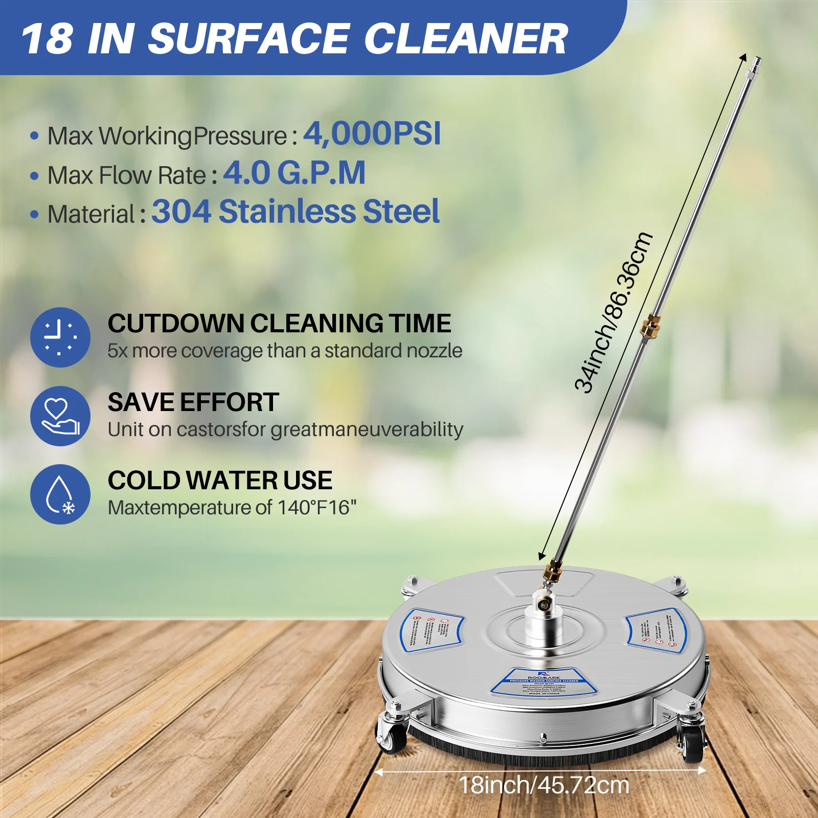 Roomark 4000 PSI Pressure Washer Surface Cleaner Stainless Steel Power Washer for Driveway Patio Cleaning, 1/4