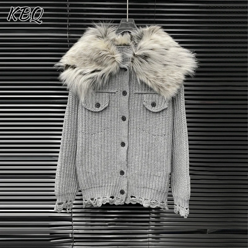 

KBQ винтажный однотонный тонкий свитер с перьями для женщин, разборный меховой воротник с длинным рукавом, американский модный кардиган, женский