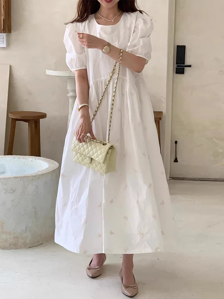 Korejpaa Casual Retro Summer Dress moda coreana girocollo fiocco ricamo abiti da donna elegante manica a sbuffo abiti Femme