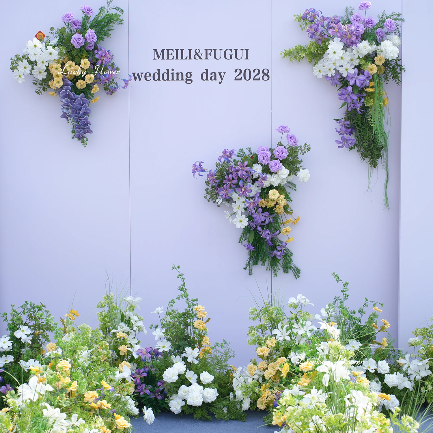 purple-white-artificial-flowers-wedding-decoration-outdoor-floral-arrangement-hang-flower-row-road-lead-floor-row-event-props