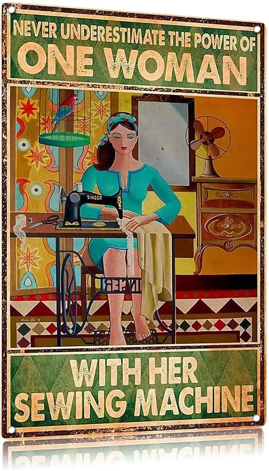 Vintage Men Old Woman with Sewing Machine Poster Metal Aluminium Tin Sign  Wall Decor-aluminum