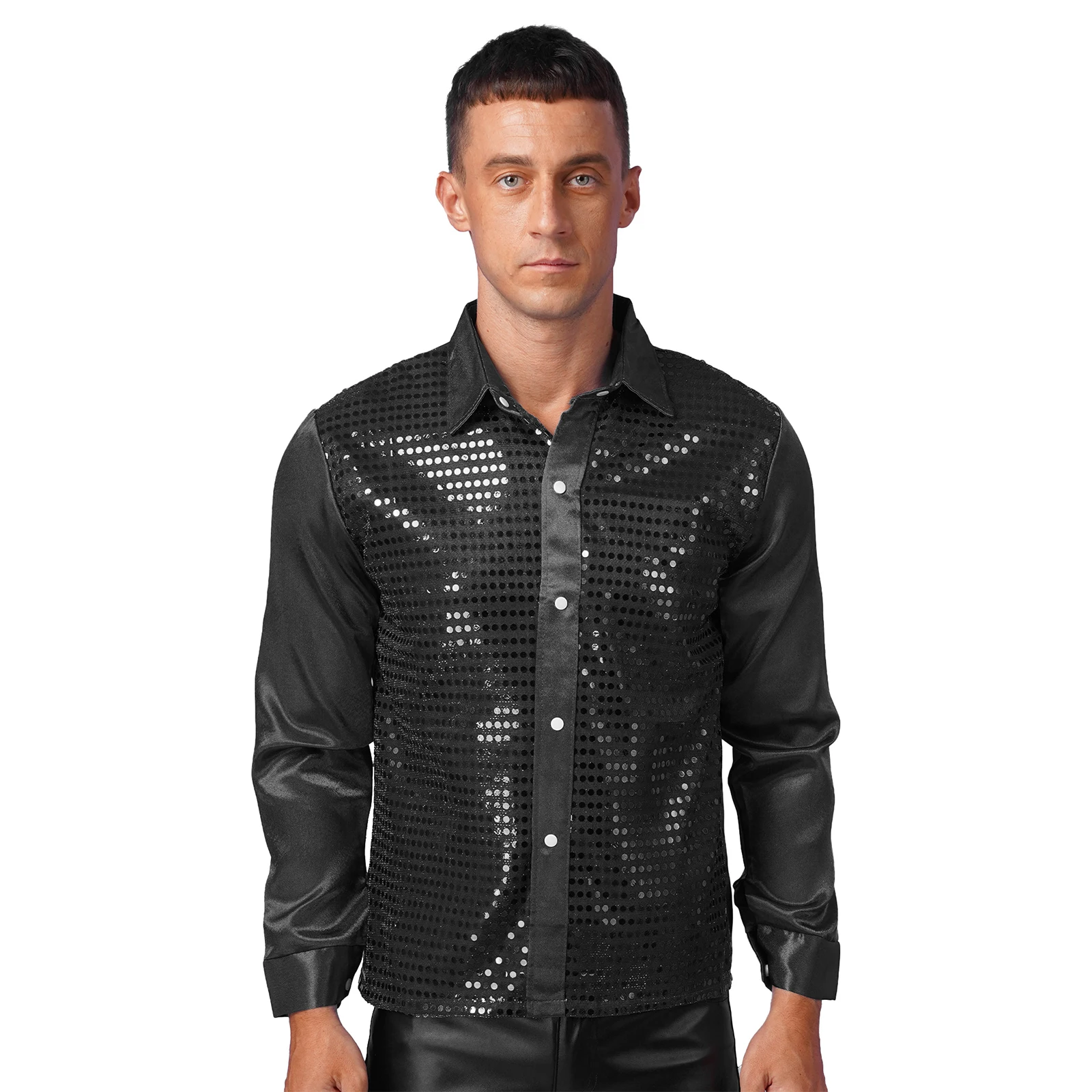 Men's Shirt Sequin Dance Long Sleeve Tops Sparkly Turn-Down Collar Latin Jazz Stage Performance Costume Dancewear Hiphop Clothes