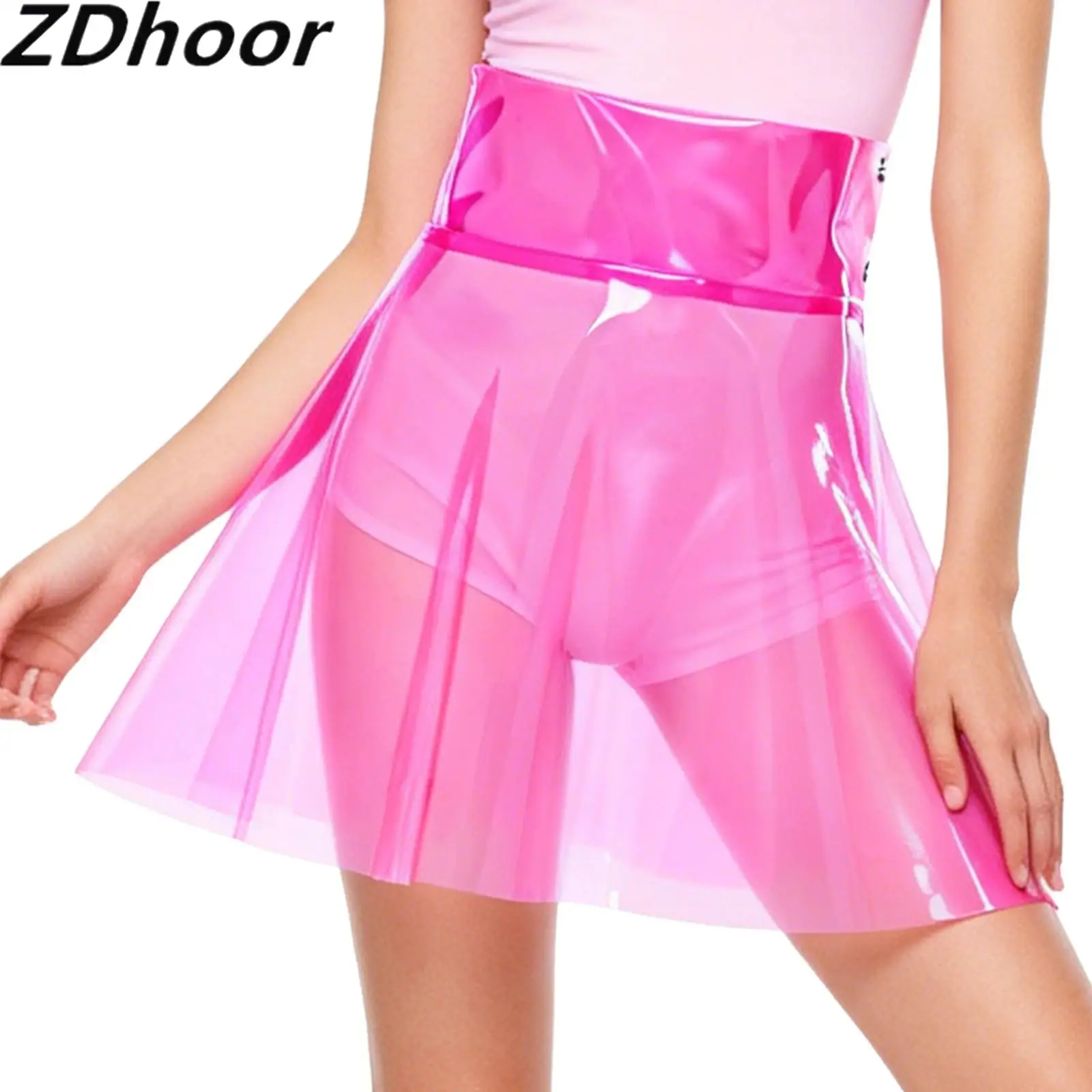 

Women See Through Transparent Pvc Miniskirt High Waist Pleated Hem A-line Skirt Cover Up Skirt Clubwear for Beach Party Rave