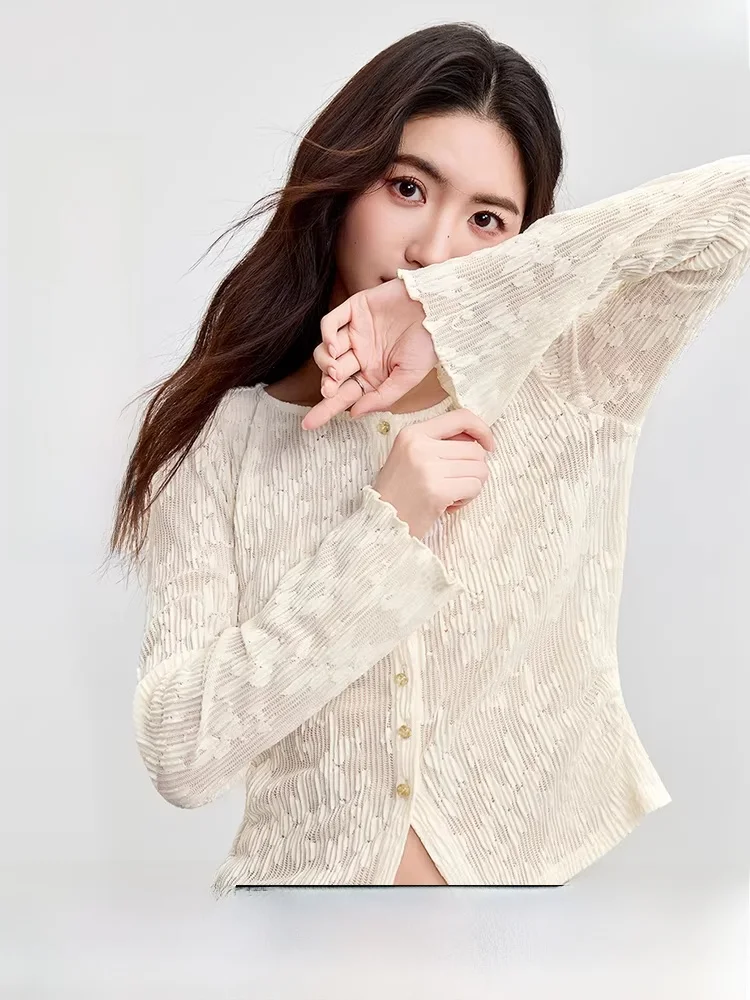 

Ele round Ne Lace irt Open Cardigan Women's Faion Bell Sve Elastic Texture Top Water Pattern Silhouette 2025 New...