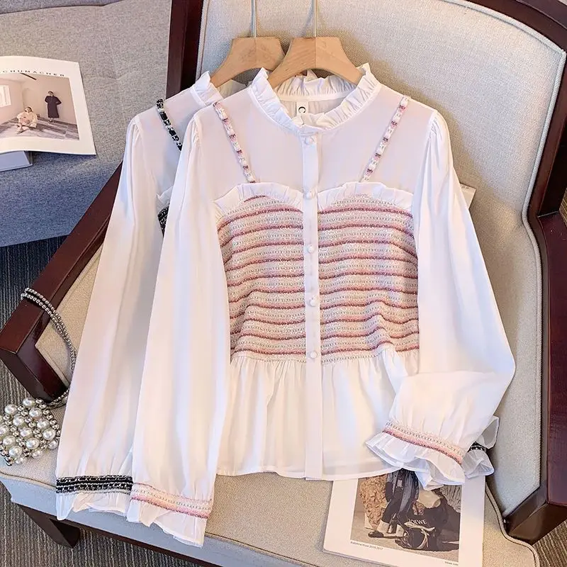 女性用シフォン長袖シャツ,白いサスペンダーブラウス,偽のツーピースシャツ,大きいサイズのブラウス,女性用衣類