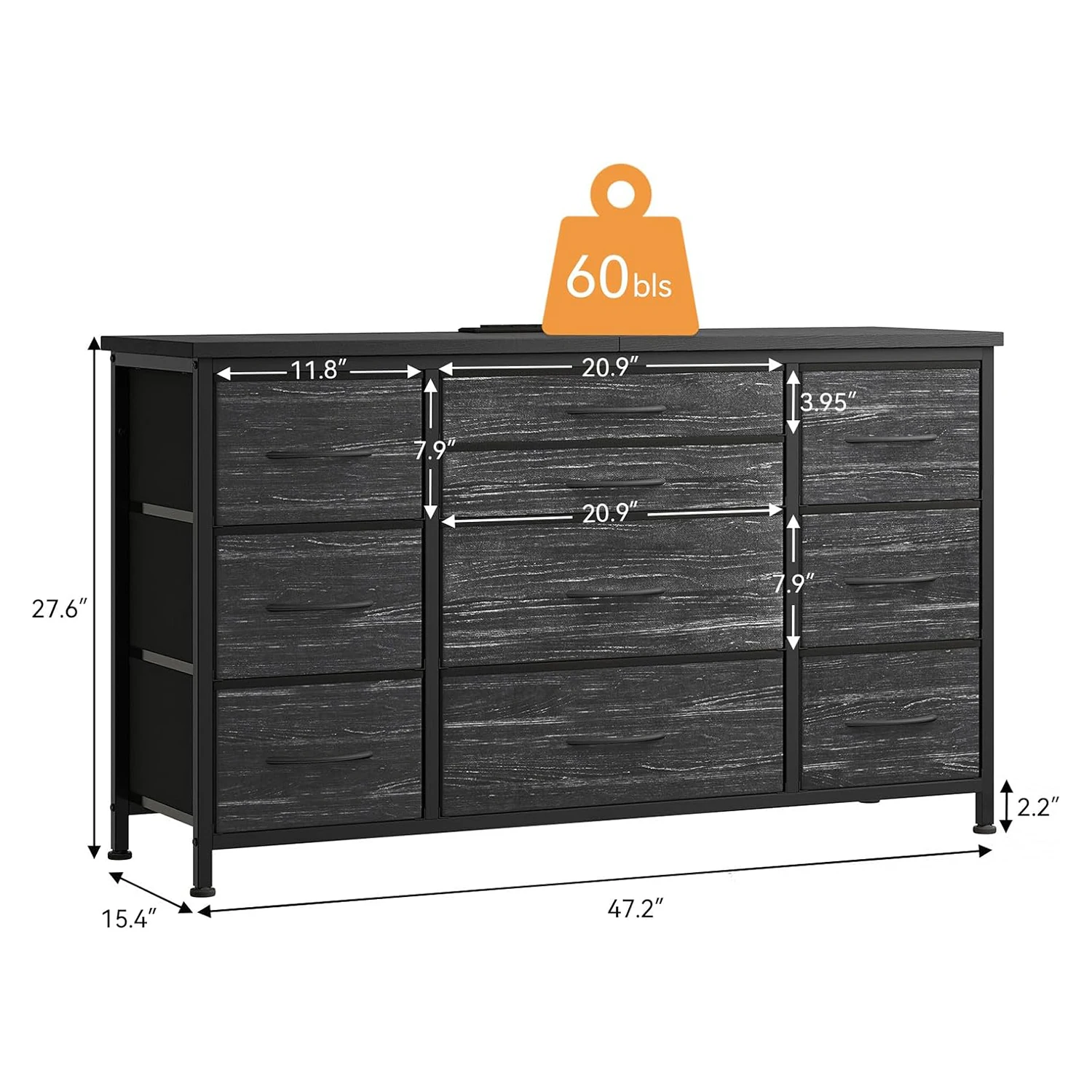 TV-Ständer Kommode für Schlafzimmer mit Ladestation 10 Stoffschubladen Rustikaler TV-Ständer Medienkonsole für Fernseher bis zu 55 Zoll – Detail 11