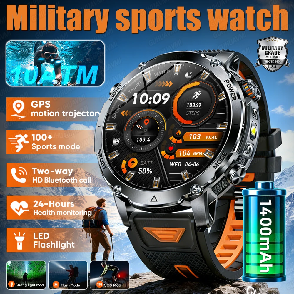 

2026 New TANK Ultra 1400mAh Battery Military Smart Watch 10ATM Waterproof Heart Rate Tactical LED Flashlight Men Sports Bracelet