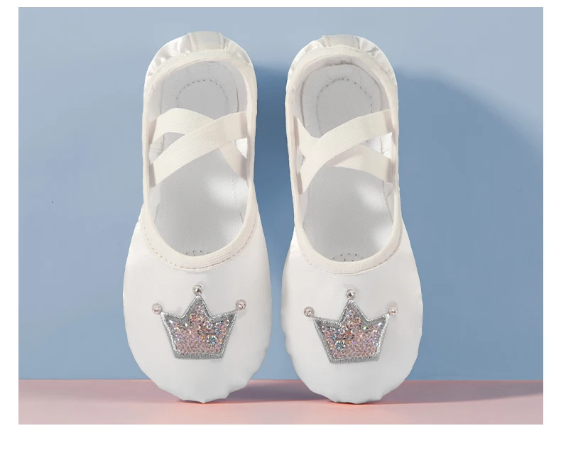 Kindertanzschuhe mit weicher Satin-Sohle, Kronenmuster, rosa Ballettfigur, Übungstanzschuhe, süße Tanzschuhe für Mädchen – Detail 7