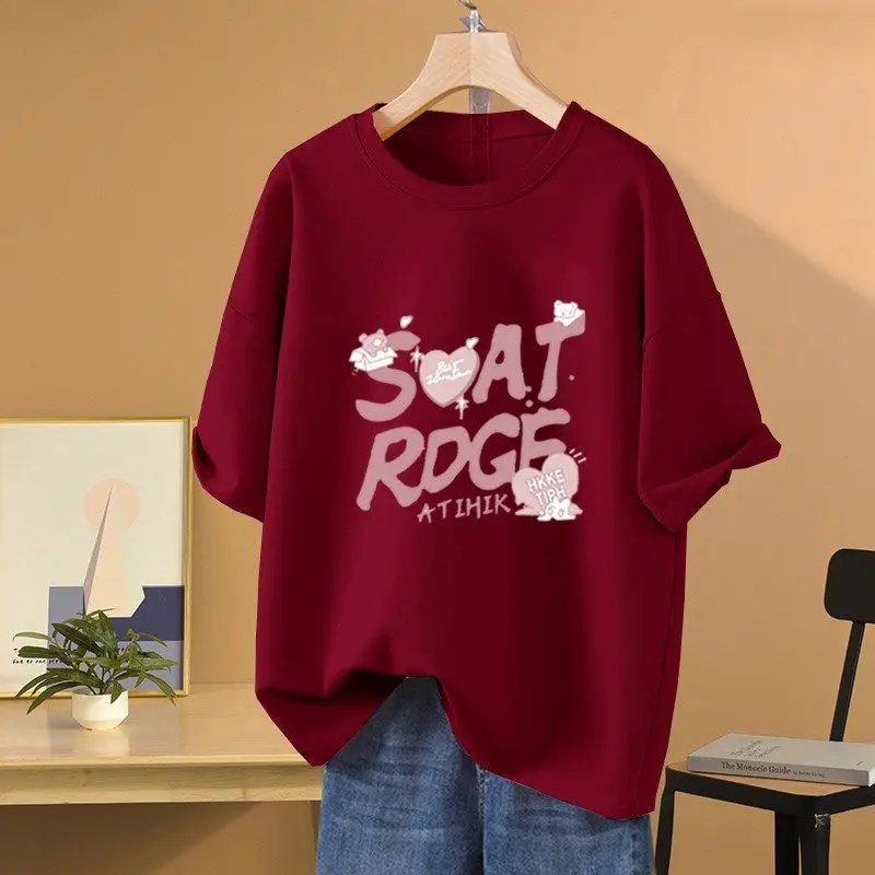 Women's Clothing Pure Cotton Loose T-shirt Summer Love Dopamine Letter Short Sleeve Casual Tees Lady Basic O-neck Versatile Tops