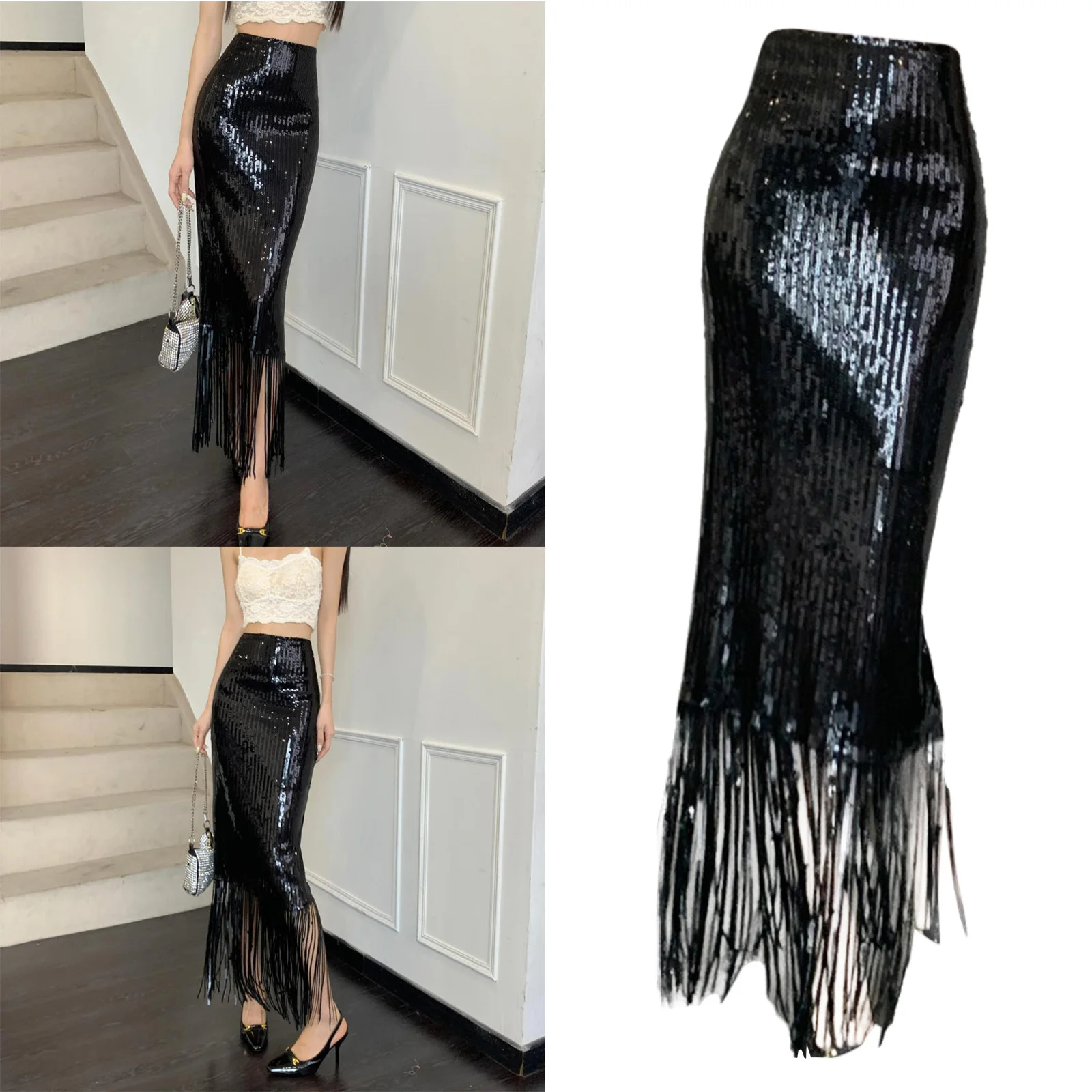 

Womens Shiny Bodycon Skirt Allover Sequin High Waist Tassel Hem Midi Skirt Pencil Skirt for Party Club Night Outing
