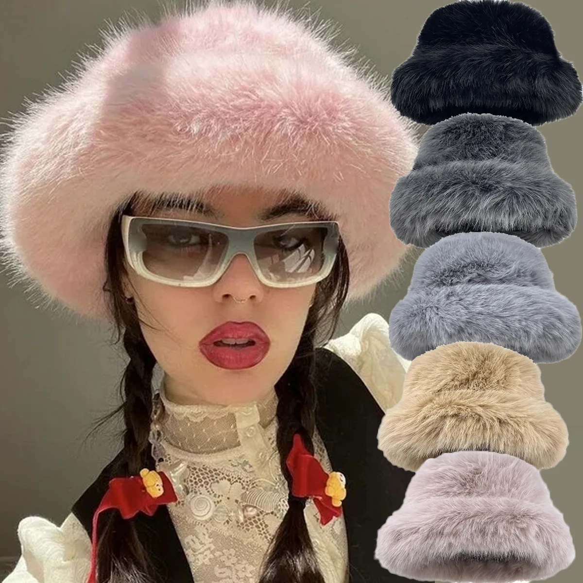 

Women's Winter Warm Hat Fluffy Fur Bucket Hat for Female Gifts Plush Fisherman Hats Thicken Cold Snowy Day Panama Cap