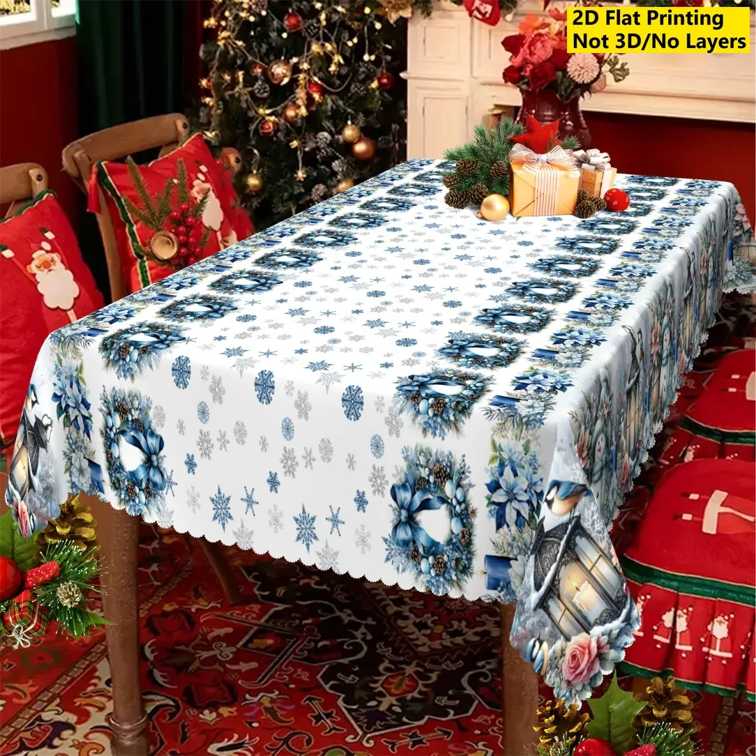 VIKAMA Winter Snowman Tablecloth Blue Lantern Candle Poinsettia Pinecone Washable Rectangle Table Cover for Christmas Dining
