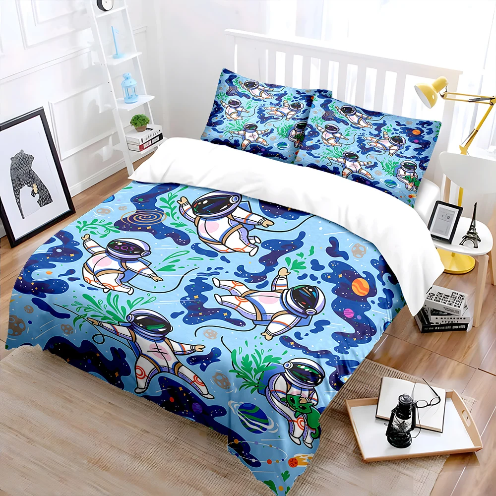 Astronauts Plants Floating in Space Print Bedding Set 1 Duvet Cover 2 Pillowcases for Adult and Children Luxury Gift Full Size