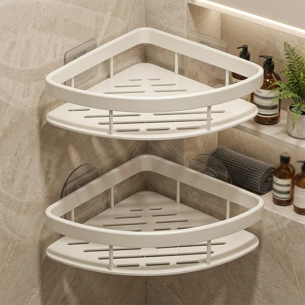 Compact Bathroom Shower Shelf with Suction Cup Mount for Small Spaces 28.5x22x5.5cm Two Level Aluminum Organizer White