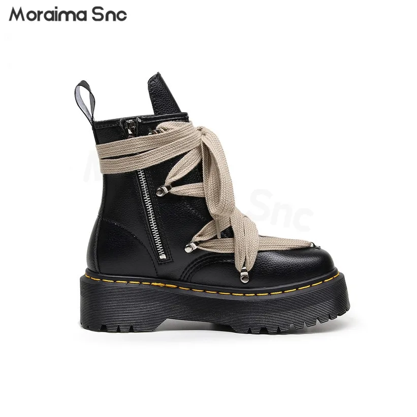 Cross-Strap Pebbled Boots Round Toe Thick Sole Personality Short Boots Side Zipper Leather Fashion Large Size Women's Boots