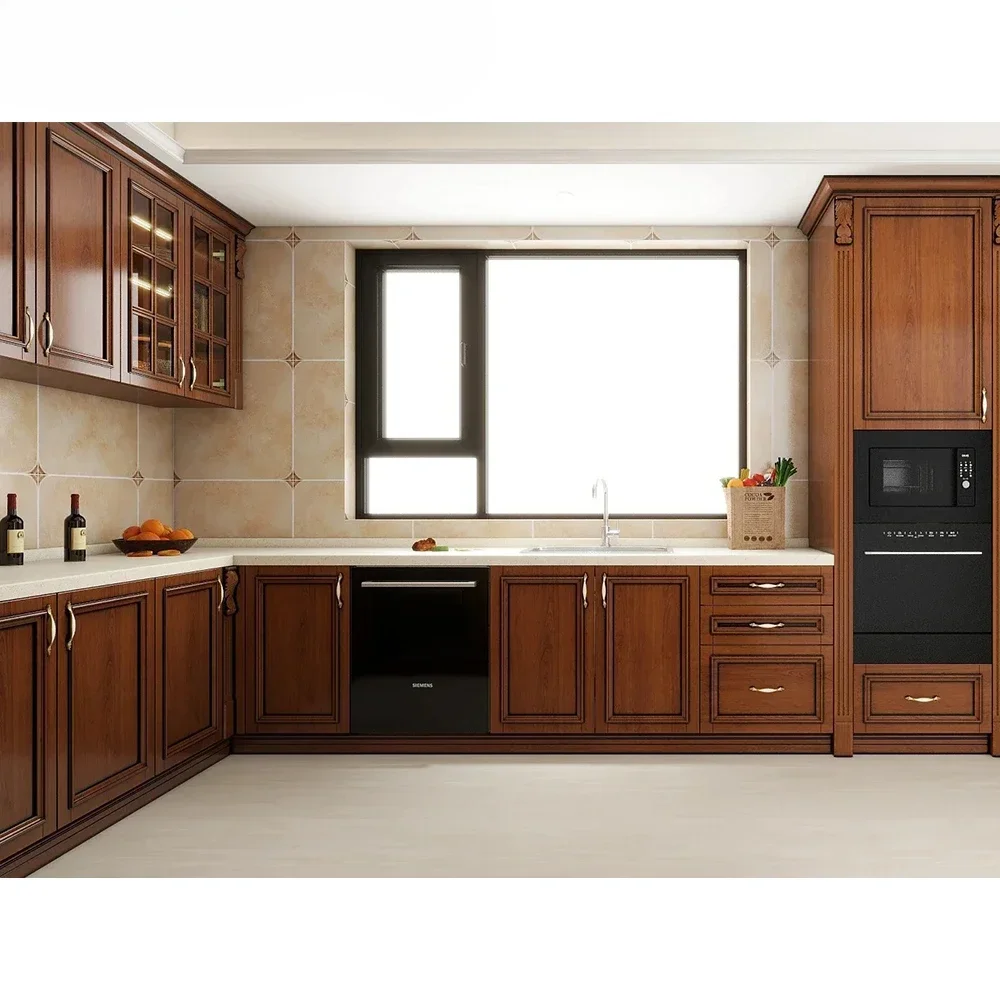 American Design Kitchen Cabinet Set Custom Solid Wood Kitchen Storage Cabinets Cupboard With Marble Countertop Ready To Assemble