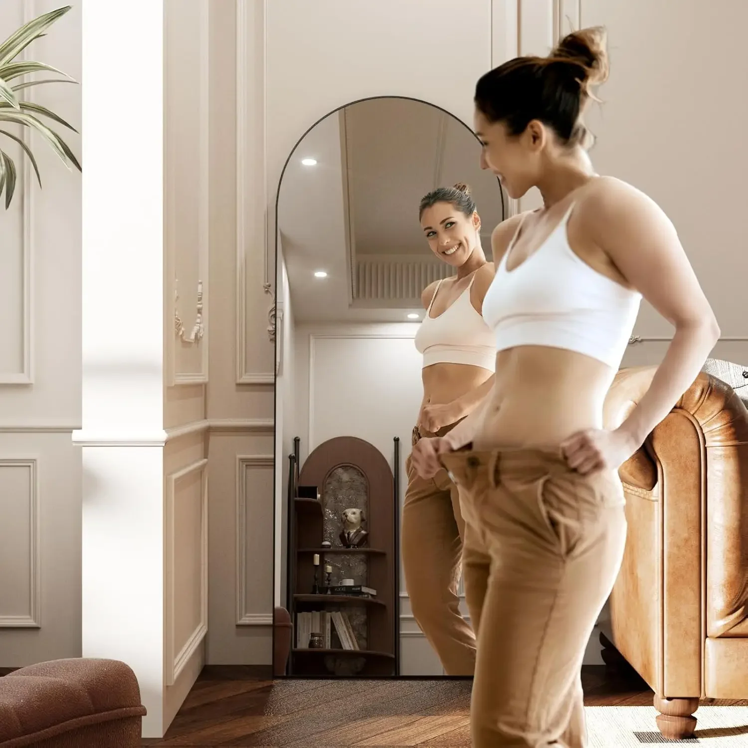 مرآة مقوسة كبيرة الحجم، زجاج مقسى أسود، معلقة على الحائط أو مثبتة على الحائط، مرايا بطول الجسم مقاس 58 × 19 مع حامل من الألومنيوم