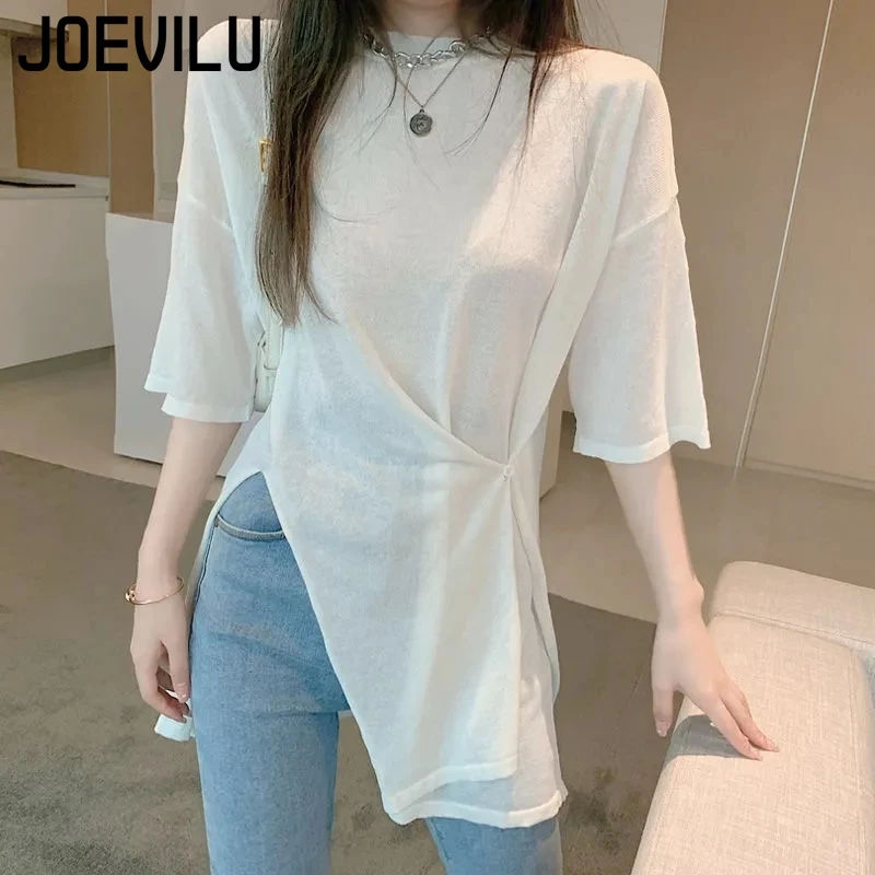 Split Irregular Tops Women\'s Summer Mid Length Half Sleeve T-shirt Korean Fashion Loose Slightly Transparent Sunscreen Blouse