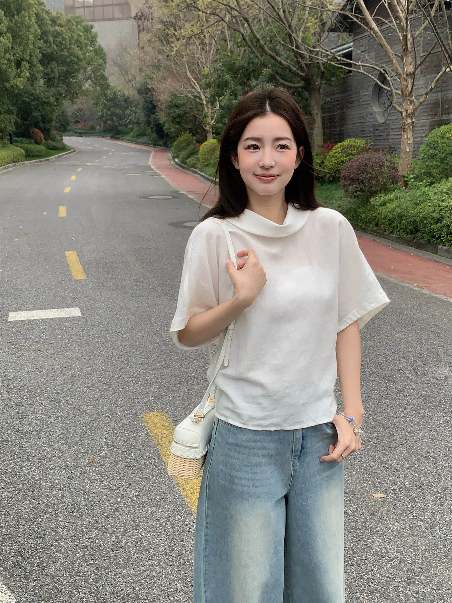 

Elegant Commuter Women's Shirt Back Bow Tie Versatile Shirt Breathable Comfortable Material Short Sleeve Stand Collar Pure Color