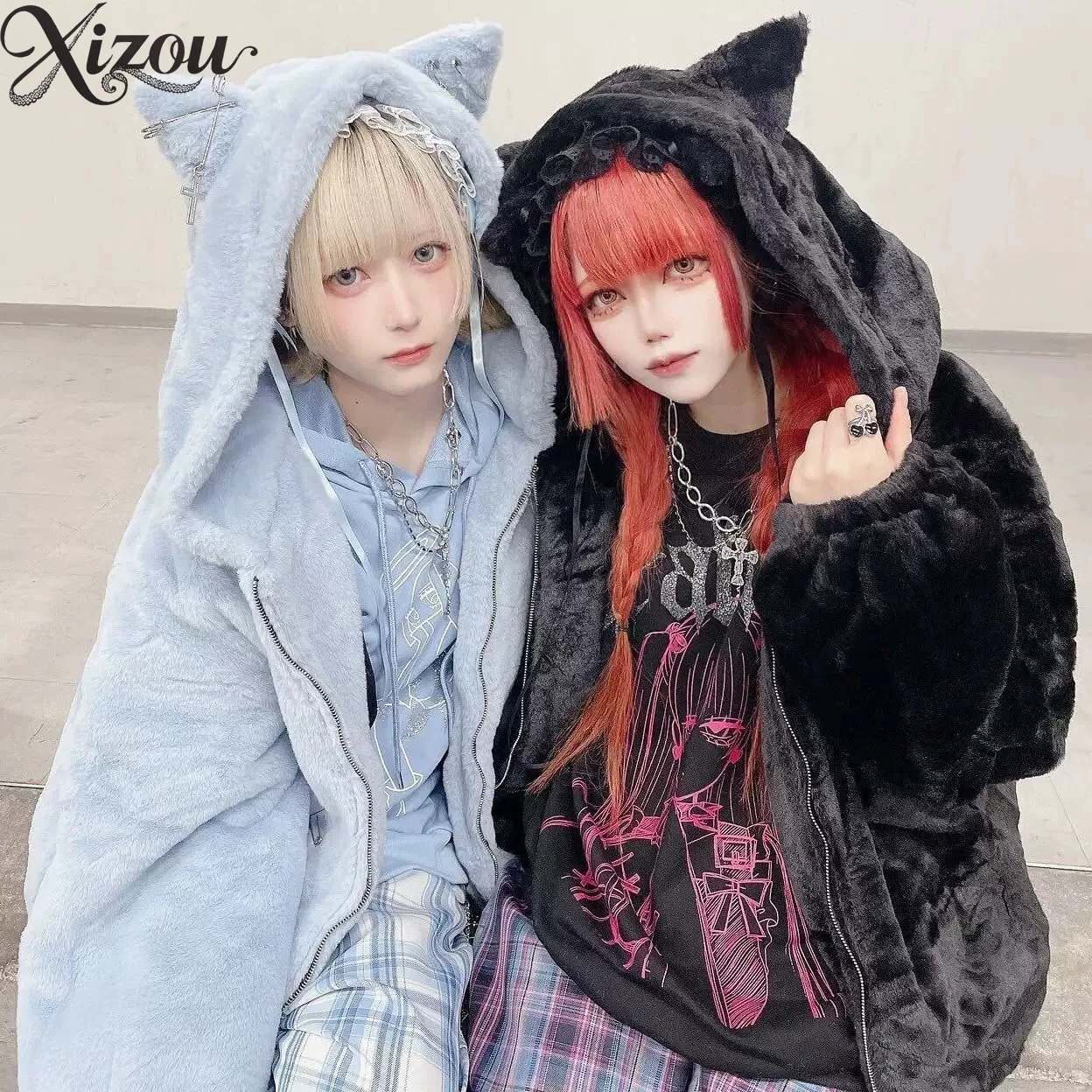 

Плюшевая куртка с кошачьими ушками, осенне-зимнее стеганое пальто для девочек, милая японская субкультура, толстовка из искусственного меха, плюшевое пальто для женщин