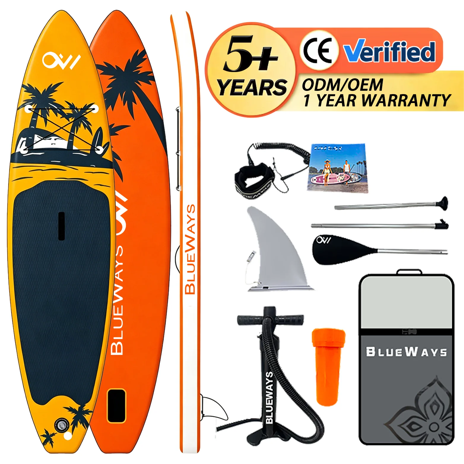 Tropical Orange Inflatable Paddle Board, 11 Inch Drop Stitch, Coconut Tree Pattern, Stand Up SUP, Portable and Durable