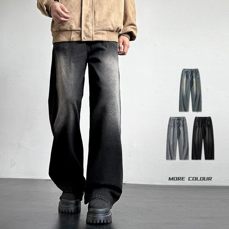 

Autumn Men's Jeans Loose Straight Vintage Korean Fashion Wide-leg Casual Trousers Streetwear Male Denim Pants Fleece Plush