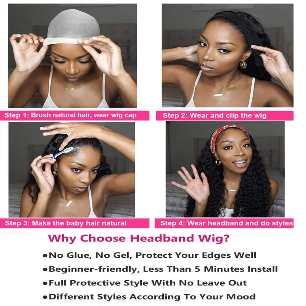 ディープウェーブヘッドバンドウィッグ 100%バージン人毛ウィッグ 既製品 グルーレス キンキーカールウィッグ フルマシンメイドウィッグ 200%デスティニー