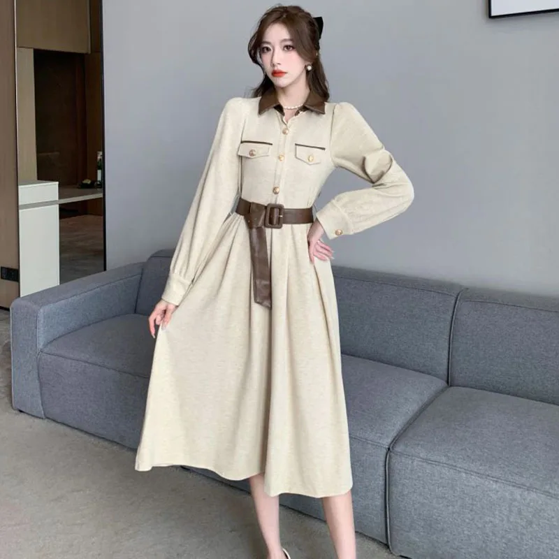 Patchwork Dress Women Elegant Long Sleeve Turn Down Collor Belt Pu Autumn Winter Dress Fashion Casual Office Lady Skirt