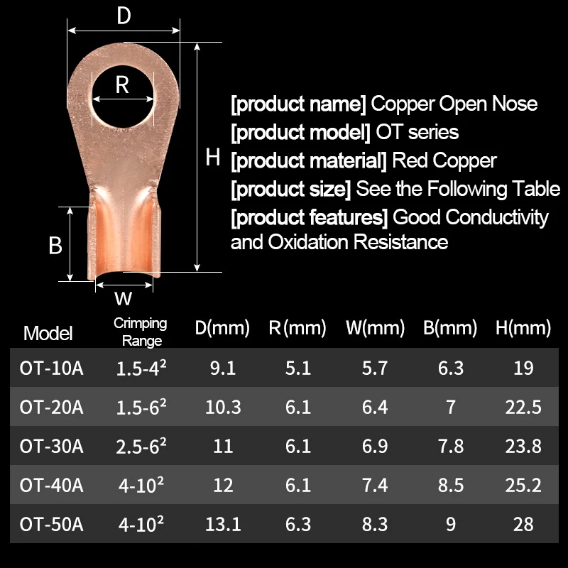 70/160/280/350PC OT Type 10A 20A 30A 40A 50A Copper Open Connecting Nose Cable Wire Terminal Connector Crimp Ring Sheet Terminal
