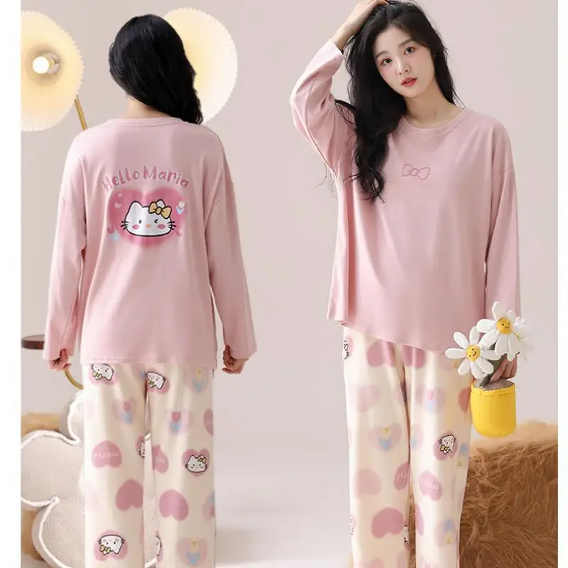 Hot Sanrio Girl Round Neck with Chest Cushion Pajama Set Spring and Autumn Kawaii Hello Kitty Comic Go Out Fashion Leisure Wear