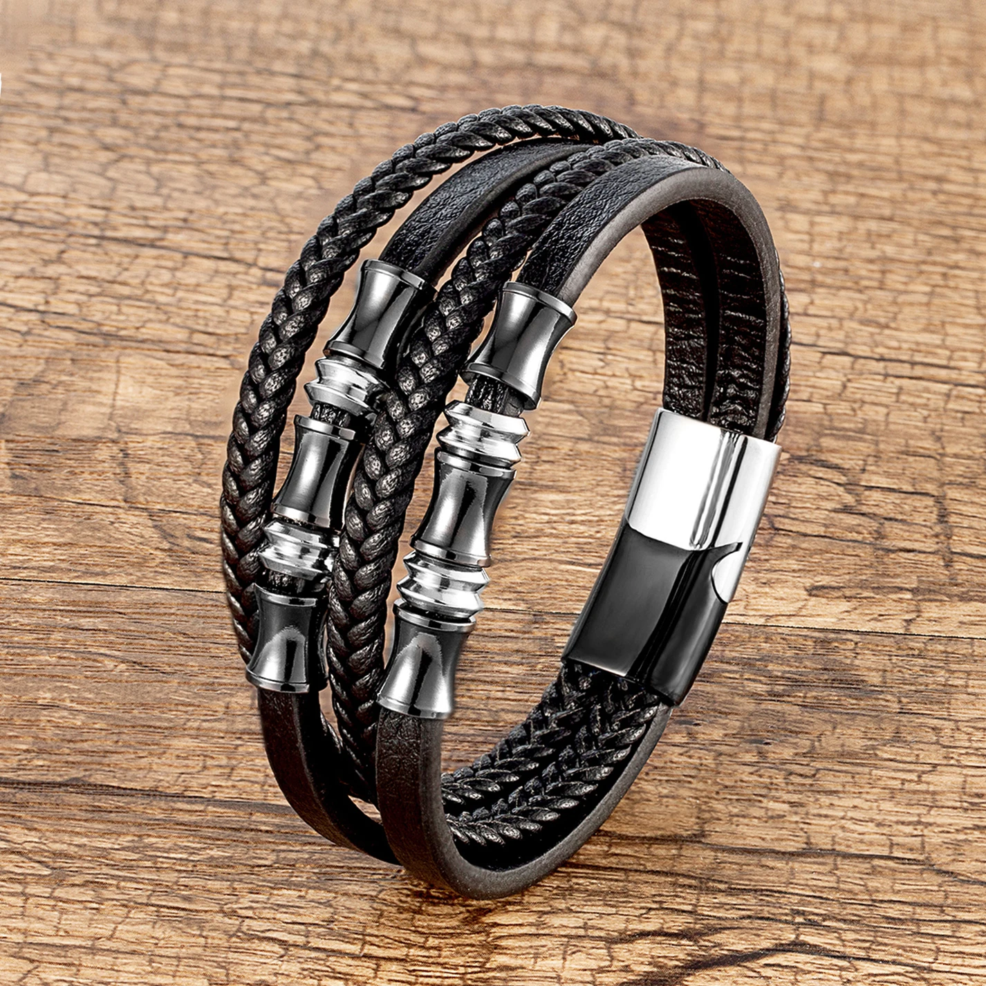 YAN MIN Stainless Steel Bracelet Men Wrist Band Black Woven Leather Rope Punk Bracelet Wristband Stylish Casual Jewelry