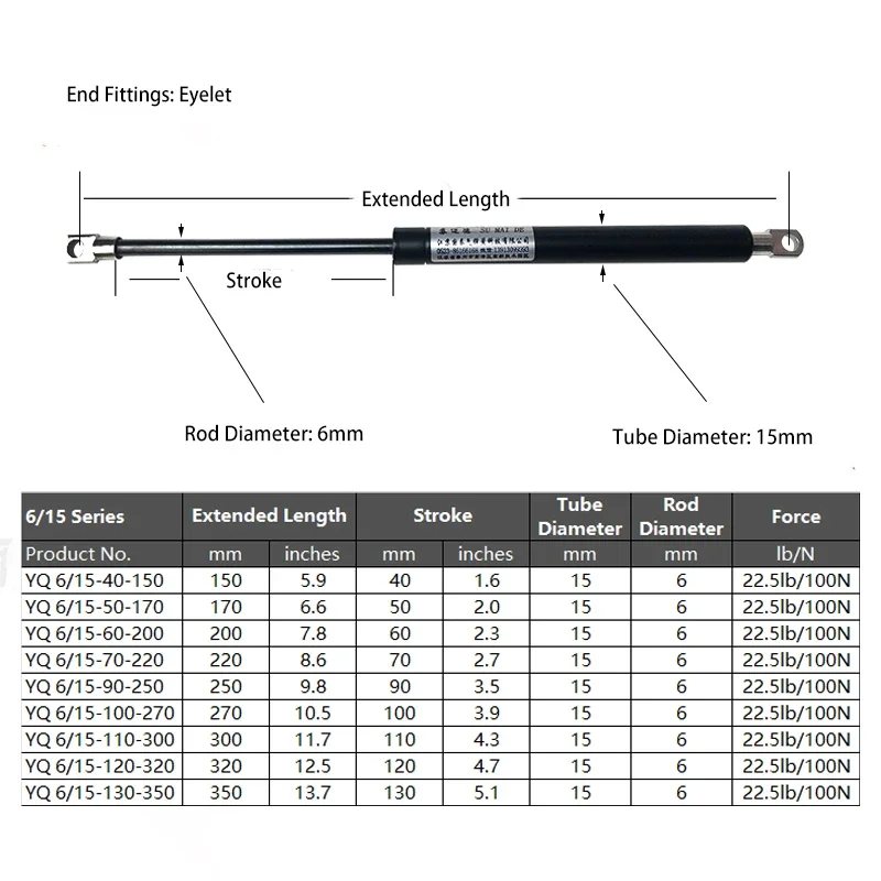 1PC 100N/22.5LB Gas Struts with Steel Eyes Ends Shock Absorbers Gas Spring Lift Supports Cushioned Kitchen Cupboard Hinge Bench