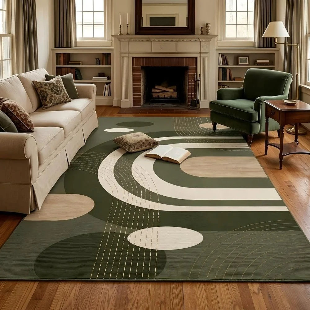 Large 6x9 Mid Century Abstract Geometric Area Rug Olive Washable Foldable Carpet for Living Room Home Office Dining Home Decor