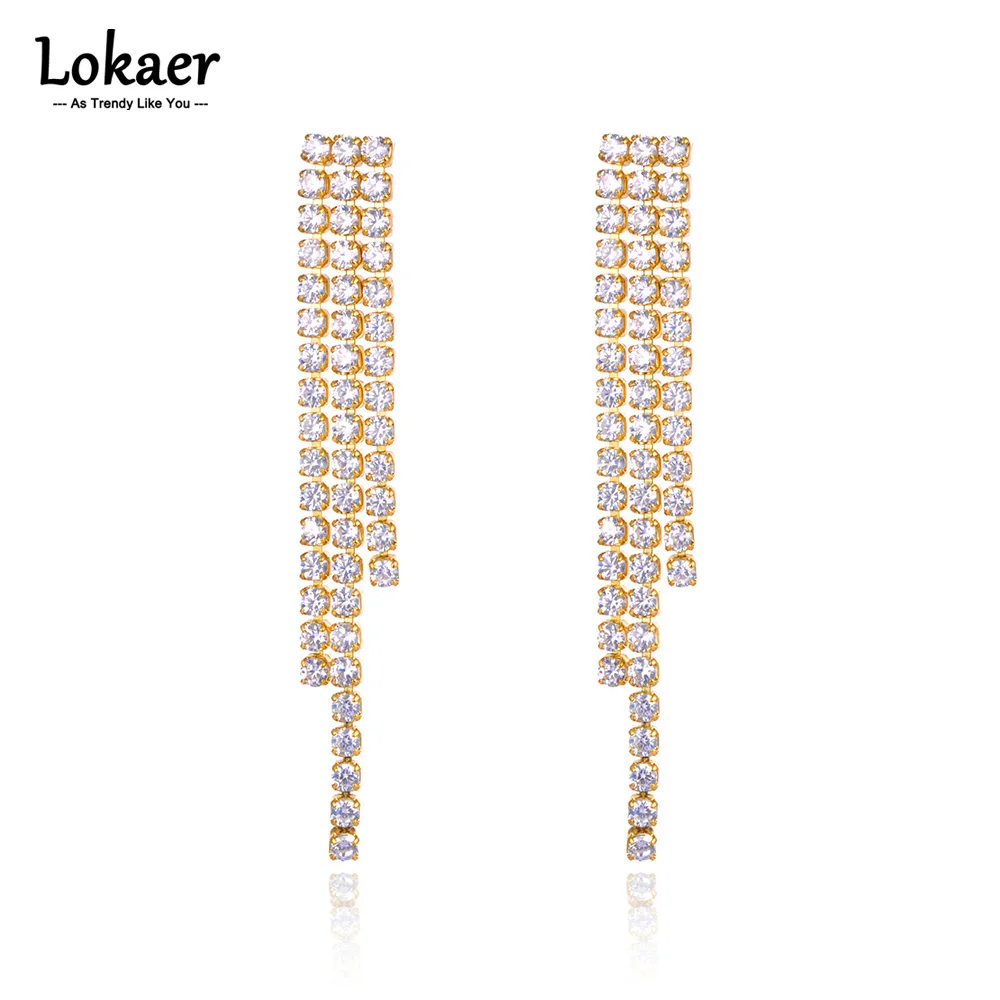 Lokaer Long Box Chain Tassel Drop Dangle Fashion Rhinestone Earrings Stainless Steel Women Party Daily Jewelry pendientes E23115