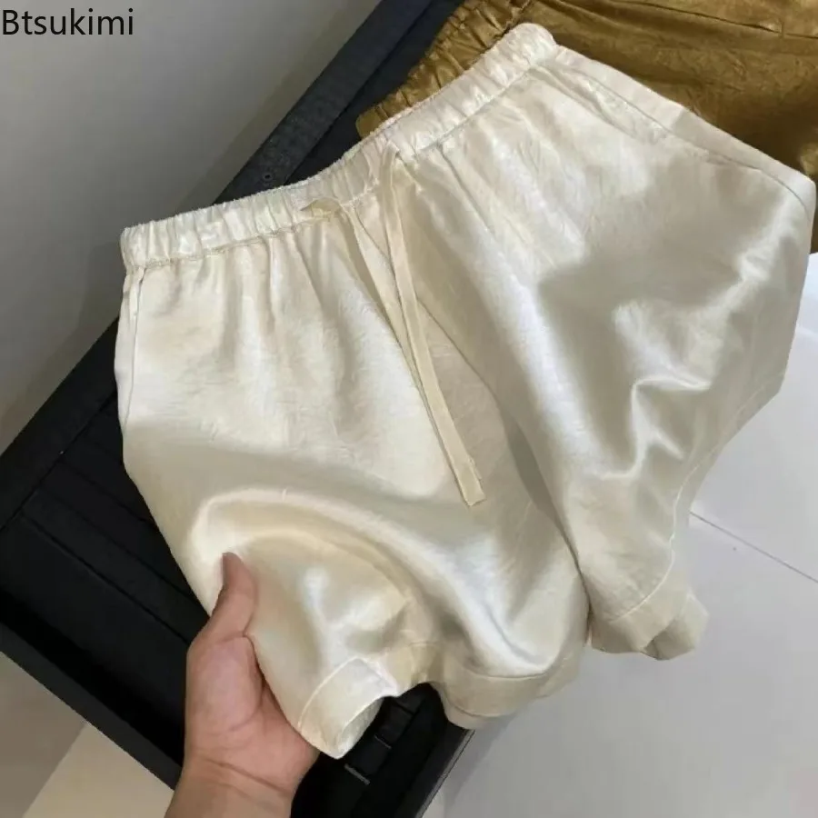 جديد الصيف المرأة الصلبة الساتان السراويل غير رسمية الرجعية الحرير الجليد الملمس مرونة الخصر فضفاض السراويل موضة تنوعا النساء السراويل الساخنة