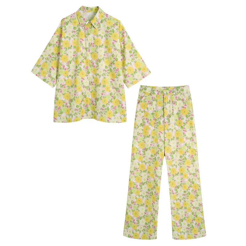 Summer New Women's Faion Set ort Sve Printed irt + High Waist Printed Pants Turn-down Collar Cotton Blend Ensemble