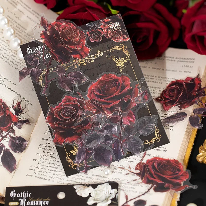 12Pieces PET Sticker Pack Gothic Romance Rose Handbook Romantic Supplies DIY Decorative Stickers Scrapbook cut 137*107mm