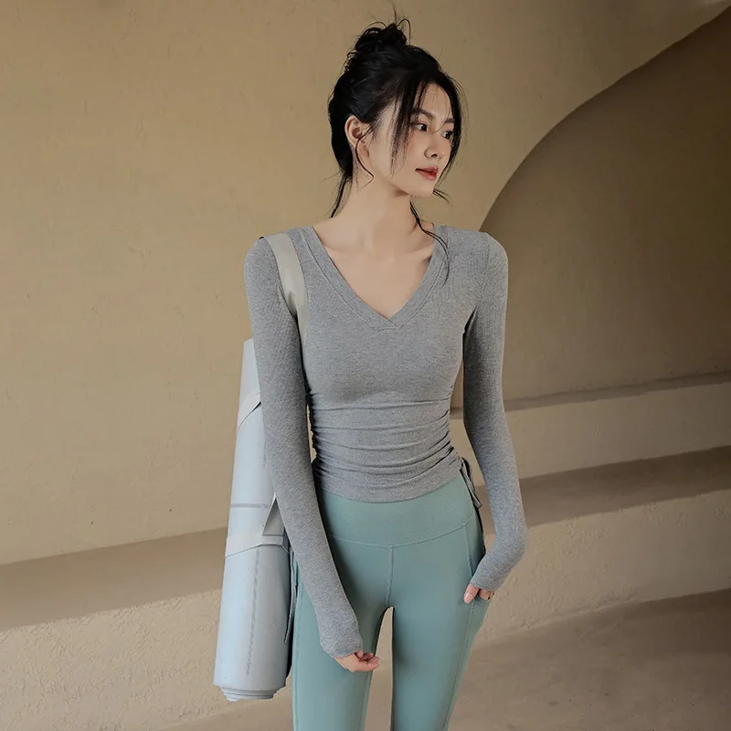 Yoga Tops Women's Tight Fitting Slimming Sports Top V-neck Running Long Sleeved T-shirt Pilates Training and Fitness Tops