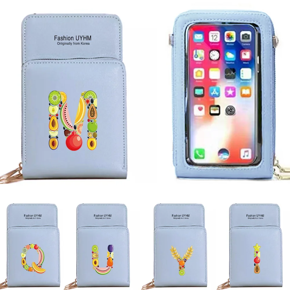 Women Pu Leather Wallets Card Holder Mobile Phone Bags Crossbody Shoulder Bag Fruit Letter Print Touch Screen Cell Phone Purse
