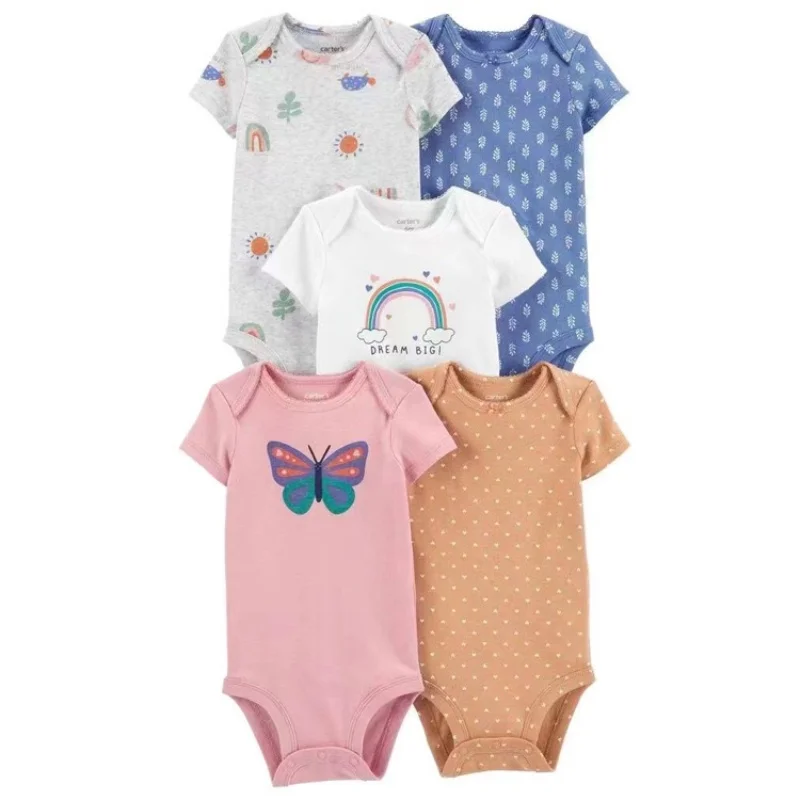 Bodysuit de manga curta, 100% algodão, desenhos animados, roupas de bebê, macacão infantil, meninos, meninas, moda, 5 peças