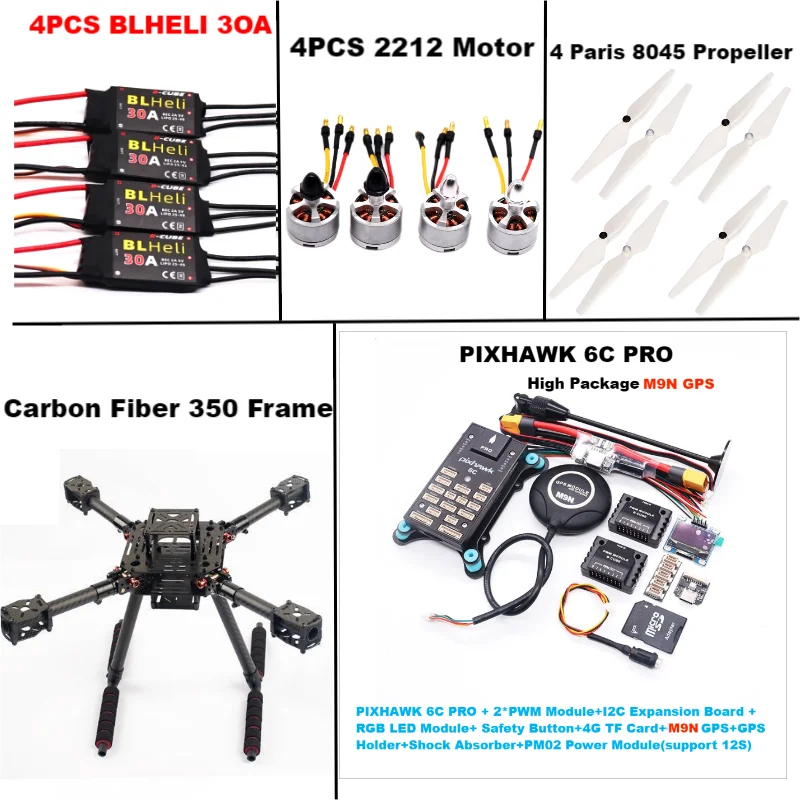 RC Carbon Fiber 350 PIXHAWK 6C PRO M8N/M9N/M10 Kit Flight Control Ardupilot Radio Telemetrie Quadcopter BLHELI 30A ESC 2212 Motor